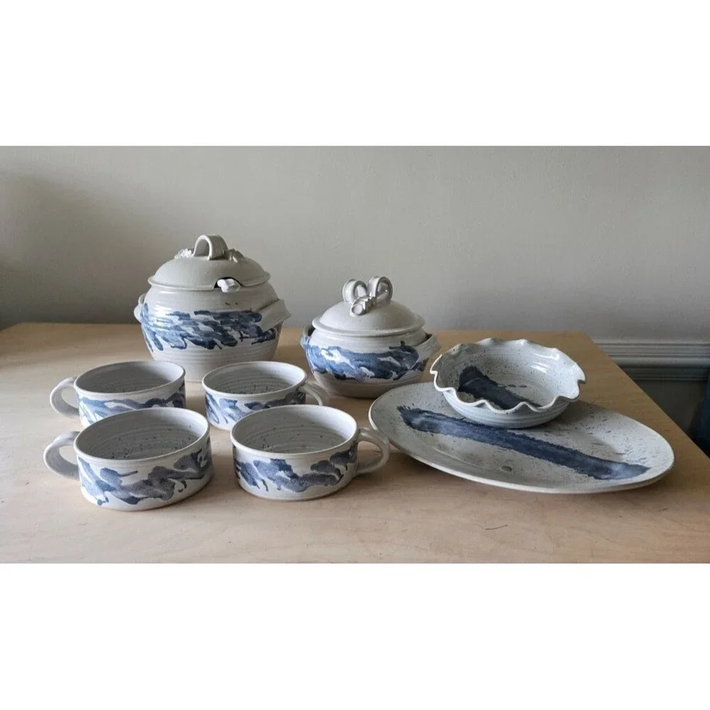 Rusty‎ Miller Signed Studio Pottery Soup tureen bowls serving tray casserole set